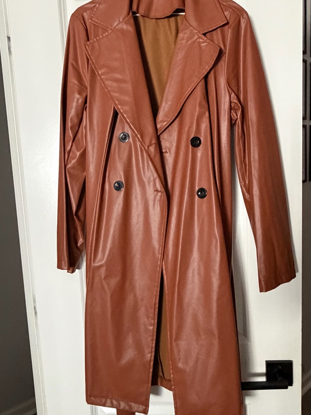 SHEIN Double-Breasted Faux Leather Trench Coat in Rust Brown